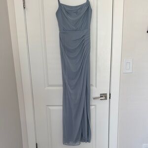 Azazie Blue Ruched Maxi Gown for Wedding Guest